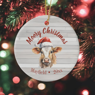 Décoration En Céramique Jersey Cow, Barn Wood, "Moory Christmas"