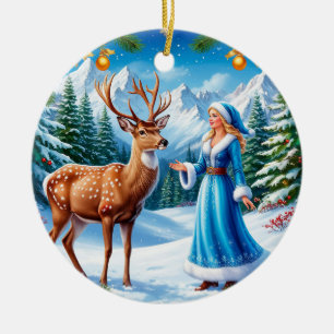 Décoration En Céramique Jeune fille de neige enchantant la scène hivernale