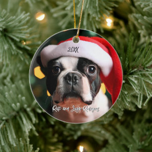 Décoration En Céramique Joli Boston Terrier avec Santa Hat Noël