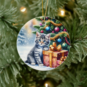 Décoration En Céramique Joli Chaton Sous l'Arbre de Noël