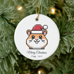Décoration En Céramique Joli hamster en pixel art avec chapeau de Père Noë
