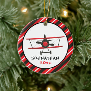 Décoration En Céramique Joli Monogramme Red Airplane Stripe Noël