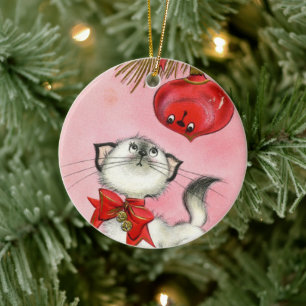 Décoration En Céramique Joli Noël rétro Vintage Kitty Cat Tree rose
