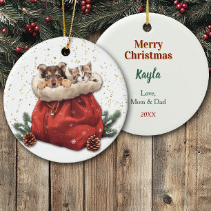 Décoration En Céramique Joli sac cadeau de Noël à chiot et Kitty