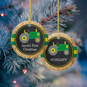 Décoration En Céramique Joli tracteur vert pour le premier Noël en faux bo
