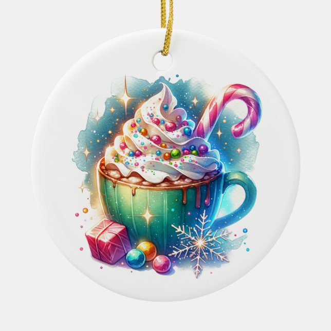 Décoration En Céramique Jolie Coupe de Noël d'aquarelle de cacao chaud (Devant)