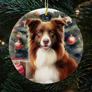 Décoration En Céramique Jolie frontière Brown Collie Noël