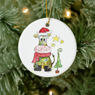 Décoration En Céramique Jolie vache de Noël Whimsical