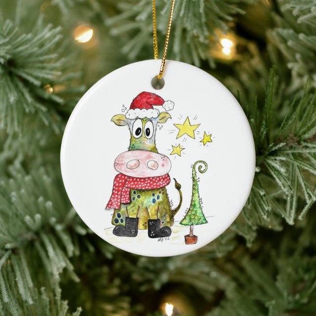 Décoration En Céramique Jolie vache de Noël Whimsical (Arbre)
