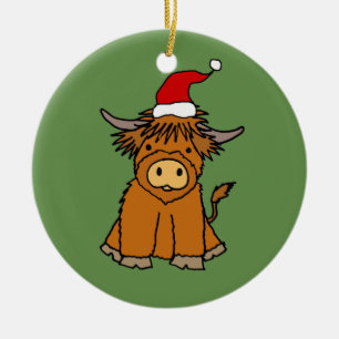 Décoration En Céramique Jolie vache Highland à Santa hat Noël