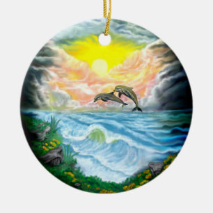 Décoration En Céramique Jouer aux dauphins sous le soleil