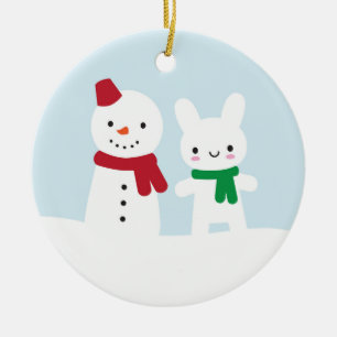 Décoration En Céramique Jour de neige - lapin et bonhomme de neige