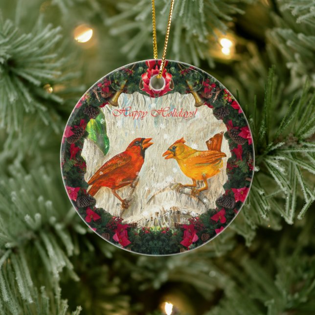 Décoration En Céramique Joyeuses fêtes Les oiseaux cardinaux (Arbre)