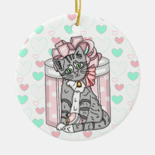 Décoration En Céramique Joyeux Noël Gray Kitten Rose Bow personnalisé