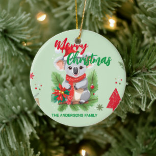 Décoration En Céramique Joyeux Noël Koala Père Noël rouge et vert Sc