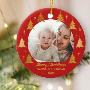 Décoration En Céramique Joyeux Noël Nanna et papy - photo rouge d'or