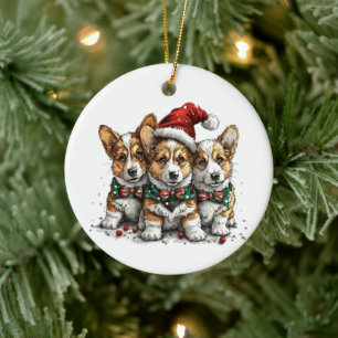 Décoration En Céramique Joyeux Noël Pembroke Welsh Corgi Puppies
