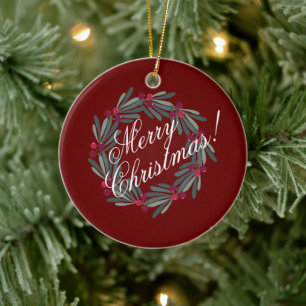 Décoration En Céramique Joyeux script de Noël Wreath Jolie rouge