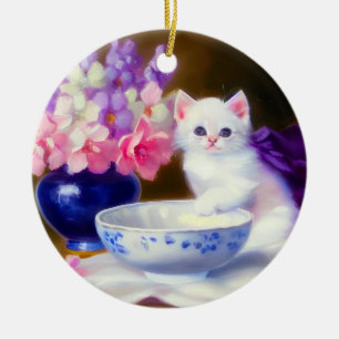 Décoration En Céramique Kitten blanc vintage avec ruban violet