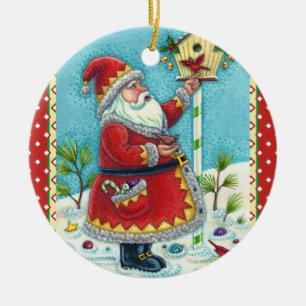 DÉCORATION EN CÉRAMIQUE KRIS KRINGLE ALIMENTER LES OISEAUX REDBIRÉS, NOËL 
