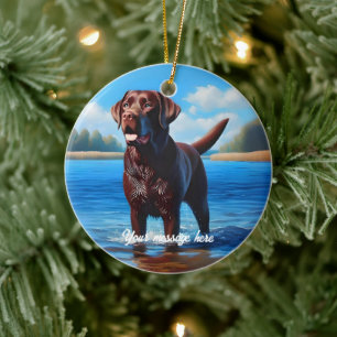 Décoration En Céramique Labrador chocolat et lac bleu