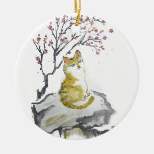 Décoration En Céramique Le chat tigré orange avec la prune fleurit