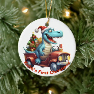 Décoration En Céramique Le premier dinosaure de Noël du bébé. Personnalisa