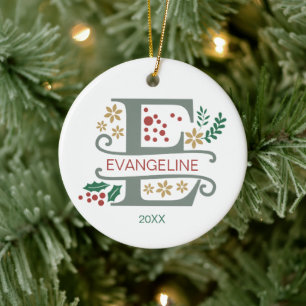 Décoration En Céramique Lettre Monogramme rouge, verte et or "E" avec le n