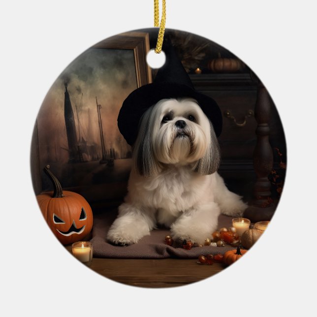 Décoration En Céramique Lhasa Apso Citrouille Halloween effrayant (Devant)