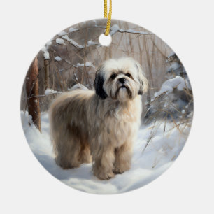 Décoration En Céramique Lhassa Apso Laisse Neige Noël
