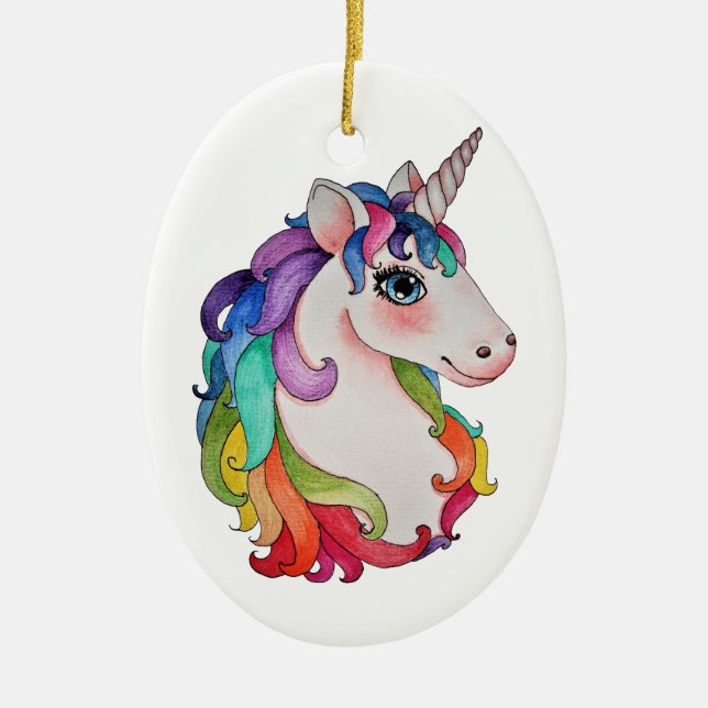 Décoration En Céramique Licorne d'aquarelle avec des cheveux d'arc-en-ciel (Devant)