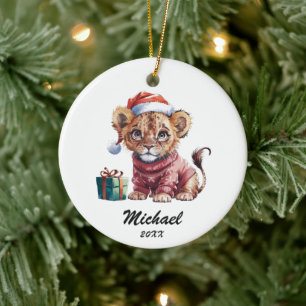 Décoration En Céramique Lionceau de Noël personnalisé avec chapeau de Père
