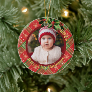 Décoration En Céramique Lit rouge   Première photo de Noël du bébé