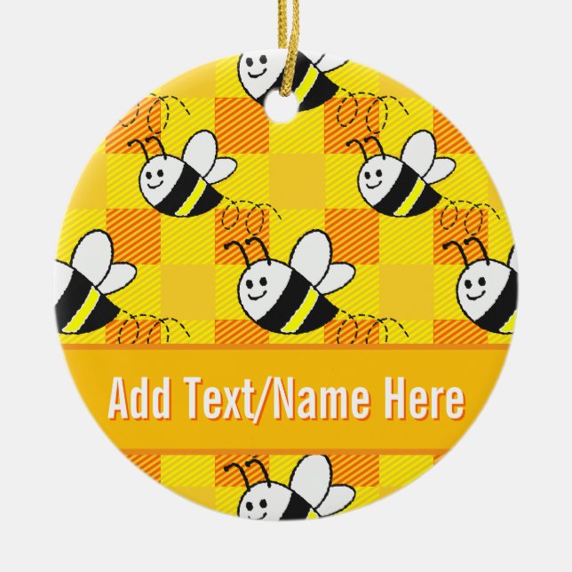 Décoration En Céramique Little Bee Jaune et Orange Plaid Nom personnalisé (Devant)