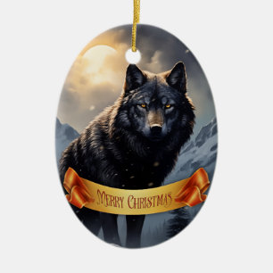 Décoration En Céramique Loup noir dans les montagnes de neige