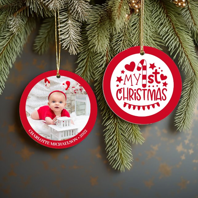 Décoration En Céramique Ma première photo personnalisée de Noël (Cute My First Christmas Personalized Photo Ceramic Ornament)