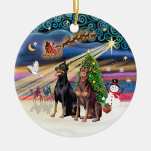 Décoration En Céramique Magie de Noël - Dobermans (TWO-Blk-Red)