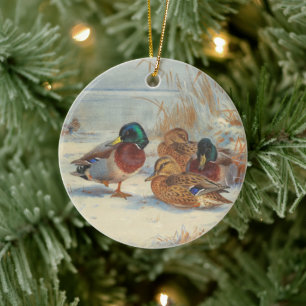 Décoration En Céramique Mallard et turquoise dans la neige, Oiseaux