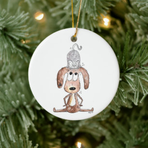 Décoration En Céramique Mignonne chien Whimsical avec chat sur sa tête