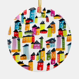 Décoration En Céramique Mignonnes maisons d'aquarelle blanc