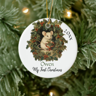 Décoration En Céramique Mon premier Noël mignon Souris Vintage Nom du bébé