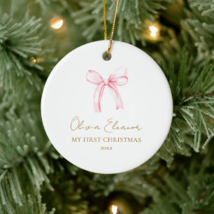 Décoration En Céramique Mon Premier Noël Ruban Rose Bébé Fille Souvenir