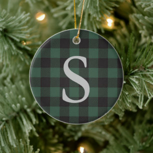 Décoration En Céramique Monogramme carreaux tartan buffle noir vert Classi