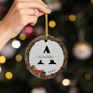 Décoration En Céramique Monogramme de la famille des couronnes de Noël ave