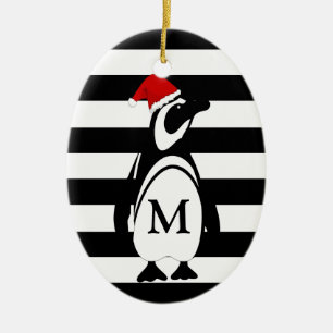 Décoration En Céramique Monogramme de pingouin noir et blanc et rayures