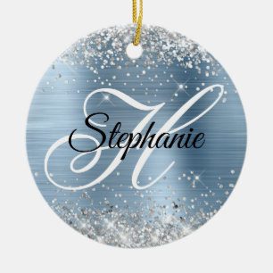 Décoration En Céramique Monogramme fantaisie paillettes argentées bleu cla