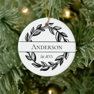 Décoration En Céramique Monogramme Nom de famille Feuille couronne Noël