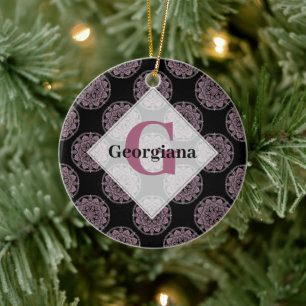 Décoration En Céramique Monogramme Pink Floral Fronds Polka Dot Mandala