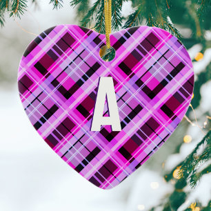 Décoration En Céramique Monogramme rose plaid Arbre de Noël