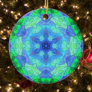 Décoration En Céramique Mosaic Mandala Flower bleu et vert